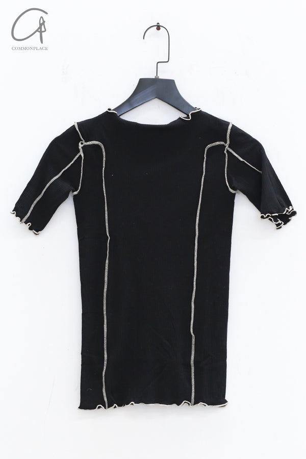 BASERANGE Ruffled Ribbed Cotton T-shirt BAS-TTO3-RB-SU24-HEI Black TTO3-RB-000